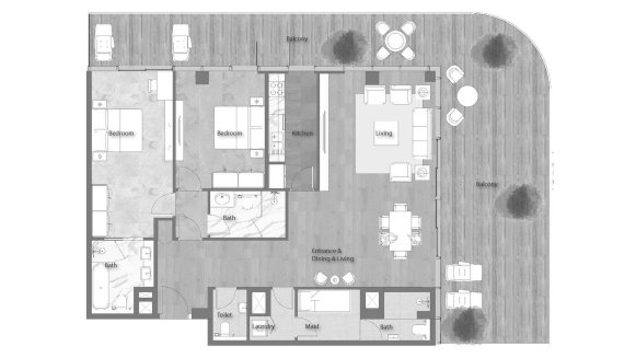 Планировка квартиры 2 спальни в ЖК YAS BEACH RESIDENCE № 11008 (2D)