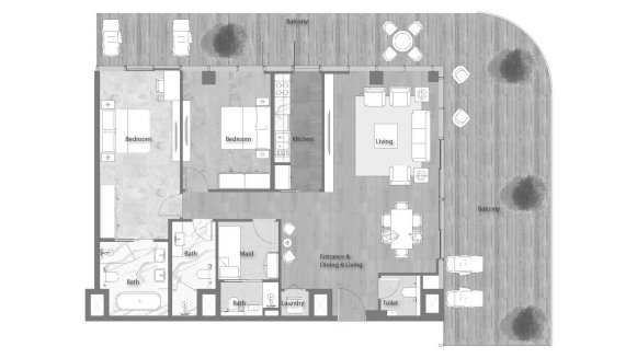 Планировка квартиры 2 спальни в ЖК YAS BEACH RESIDENCE № 11007 (2D)