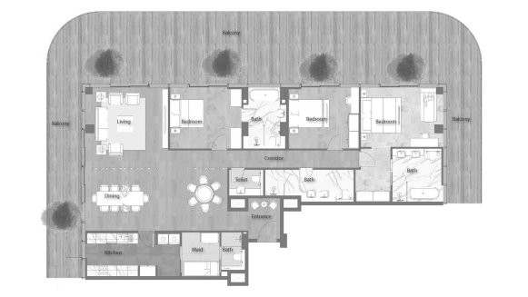 Планировка квартиры 3 спальни в ЖК YAS BEACH RESIDENCE № 11010 (2D)