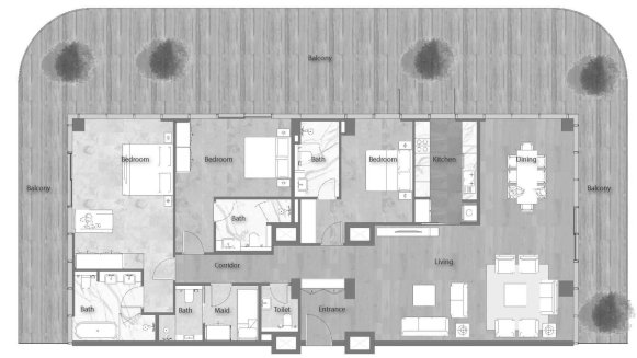 Планировка квартиры 3 спальни в ЖК YAS BEACH RESIDENCE № 11009 (2D)